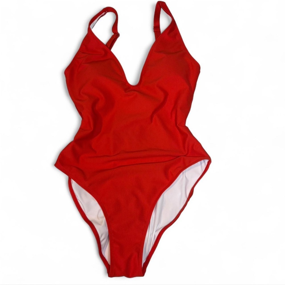 Red One Piece Swimsuit with Plunging V-Neckline